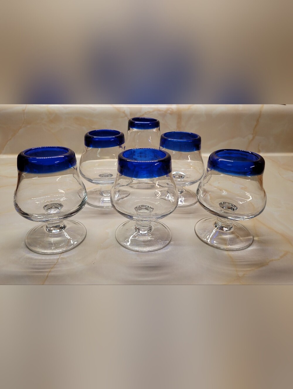 Set of 6 Mexican Hand Blown Sipping Glasses with Cobalt Blue Rim